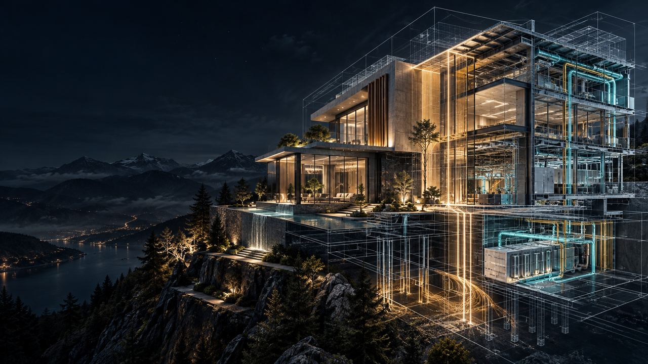 A night architectural scene: a building rendered in warm light, its structure and service systems drawn as luminous lines running through the form.