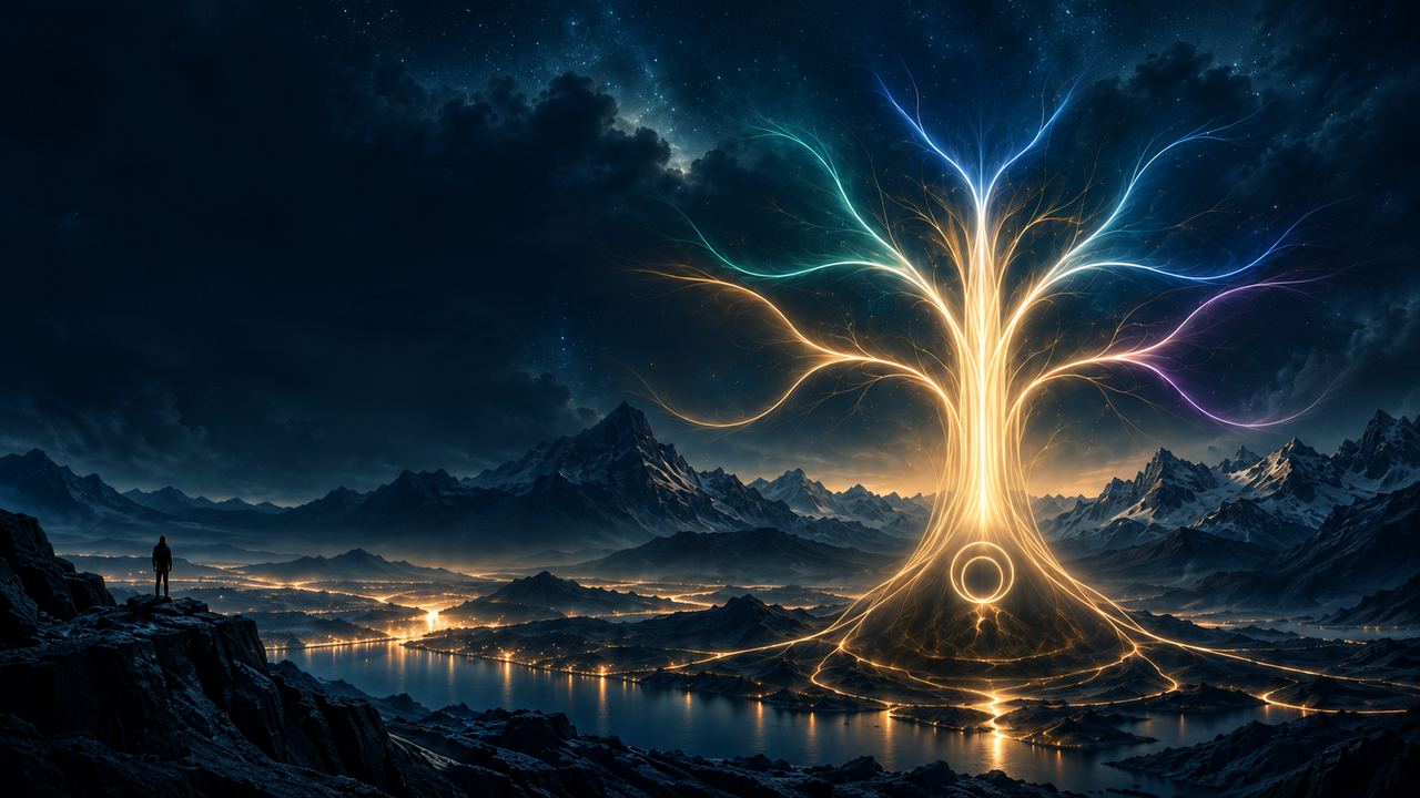 THE ELDER: a tree of light rising over a night landscape of mountains, a lake and distant city lights. Its branches fan out into five coloured limbs and a luminous ring sits at the base of its trunk.