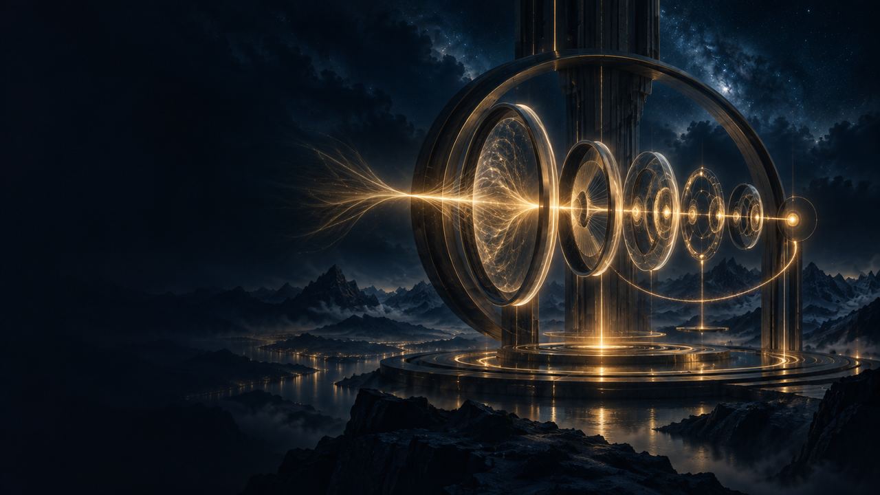 One beam of intent passing through six gates in sequence, each narrower than the last, ending in a single bounded point of light.