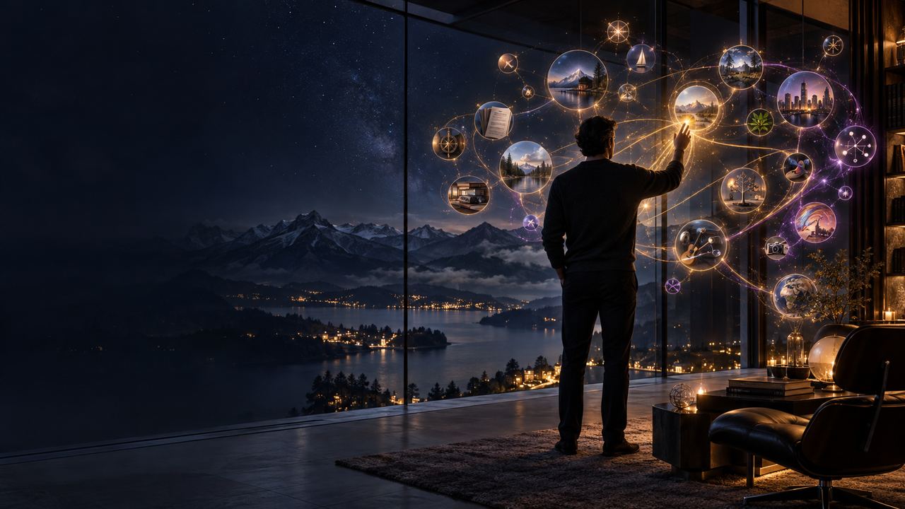 A night scene of a single warm presence: a figure of light holding a quiet field of context around it.