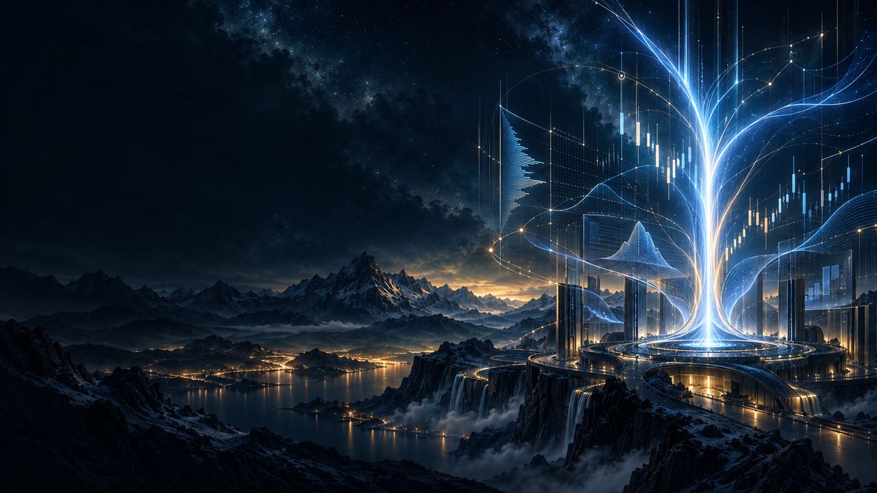 THOR market intelligence visual showing structured market data, options analysis, probability fields and governed execution emerging from THE ELDER intelligence network.